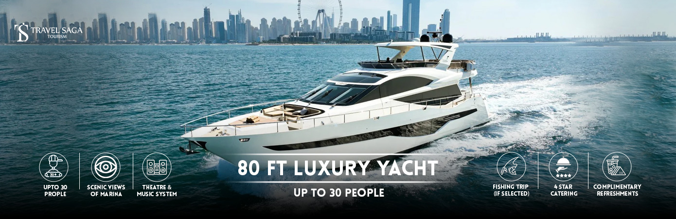 yacht for 30 people | 80 Ft Luxury Yacht | 80 Ft Yacht banner by Travel Saga Tourism