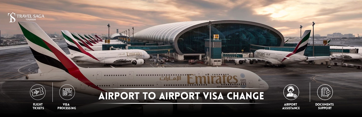 airport to airport visa change abu dhabi | Airport to Airport Visa Change BT banner by Travel Saga Tourism