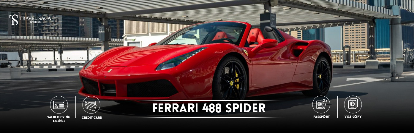 Ferrari 488 Spider Rental | rent a Ferrari 488 BT Banner by Travel Saga Tourism