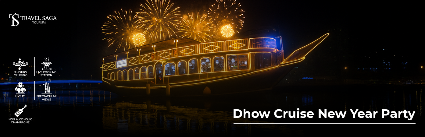 Dubai Marina Dhow Cruise New Year Party 2027 with fireworks, buffet dinner and live entertainment