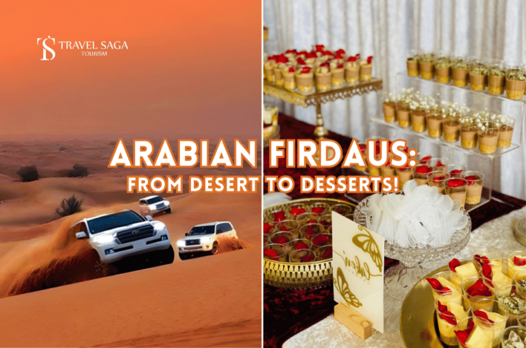 cars in desert and dessert table setting.Travel Saga Tourism