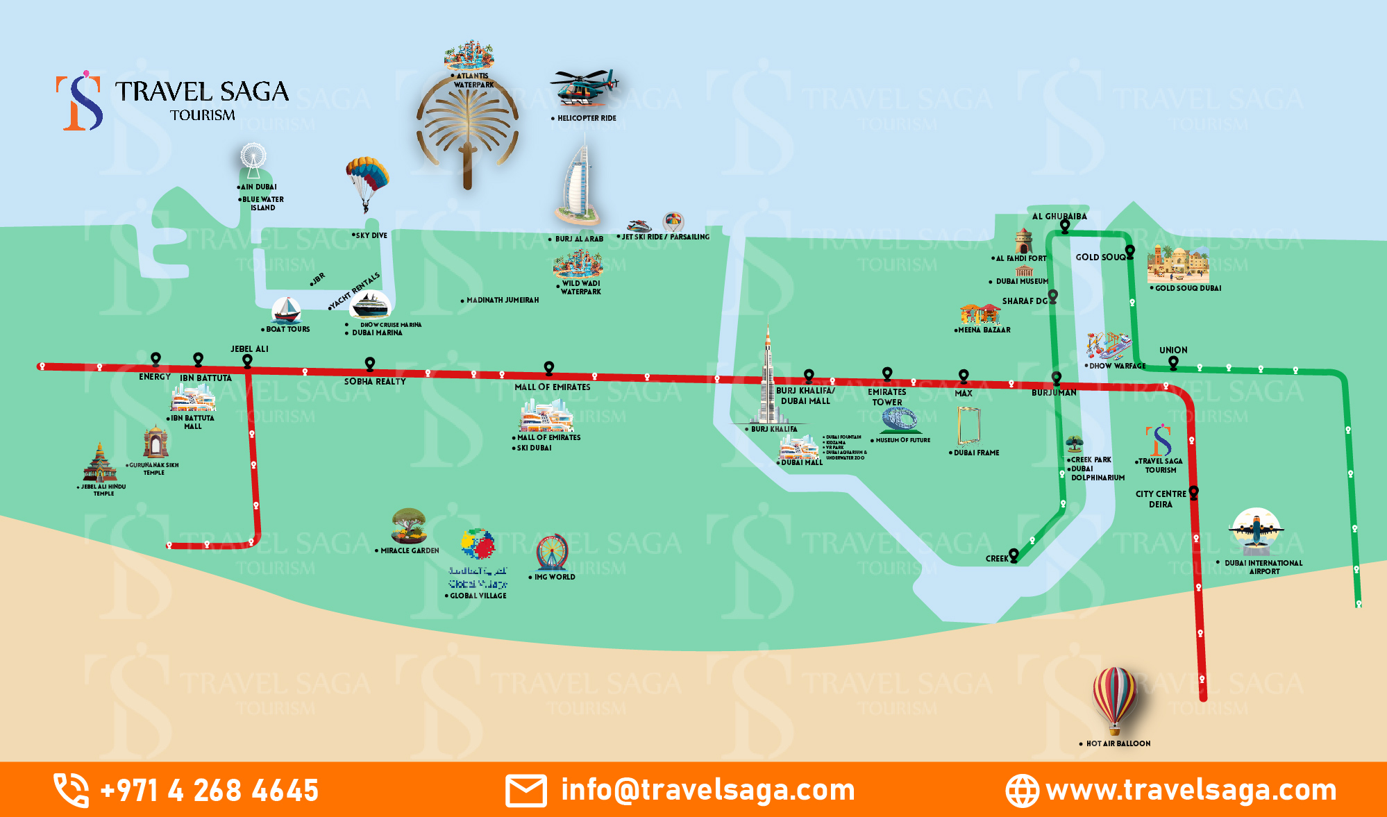 Dubai Metro Map infographic with tourist attractions near Dubai metro.