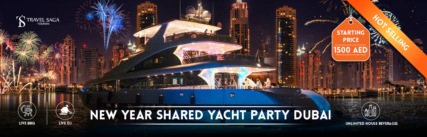 New Year's Eve Yacht rental Dubai and New Year Yacht Party Dubai Marina BT banner by Travel Saga Tourism