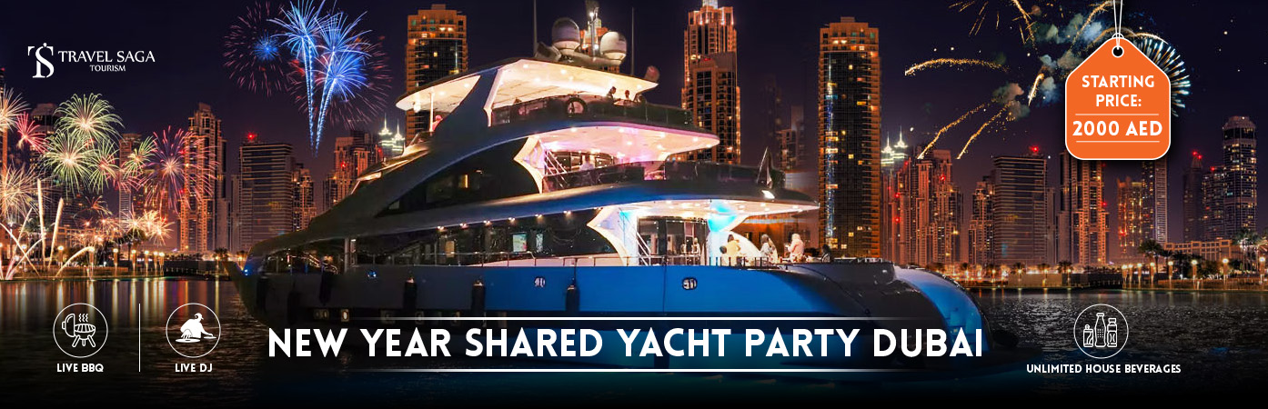 New Year's Eve Yacht rental Dubai and New Year Yacht Party Dubai Marina BT banner by Travel Saga Tourism