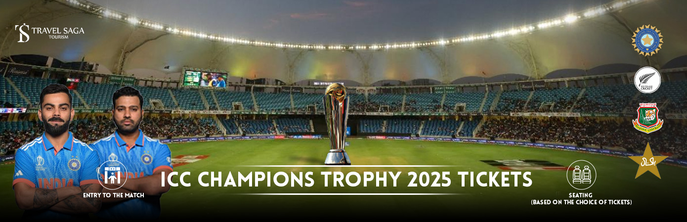 ICC Champions Trophy Tickets | ICC Champions Trophy in Dubai BT banner by Travel Saga Tourism