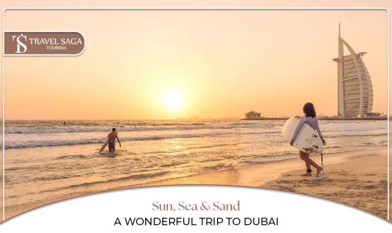 Dubai beach vacation, Dubai beach resorts Blog Banner by Travel Saga Tourism