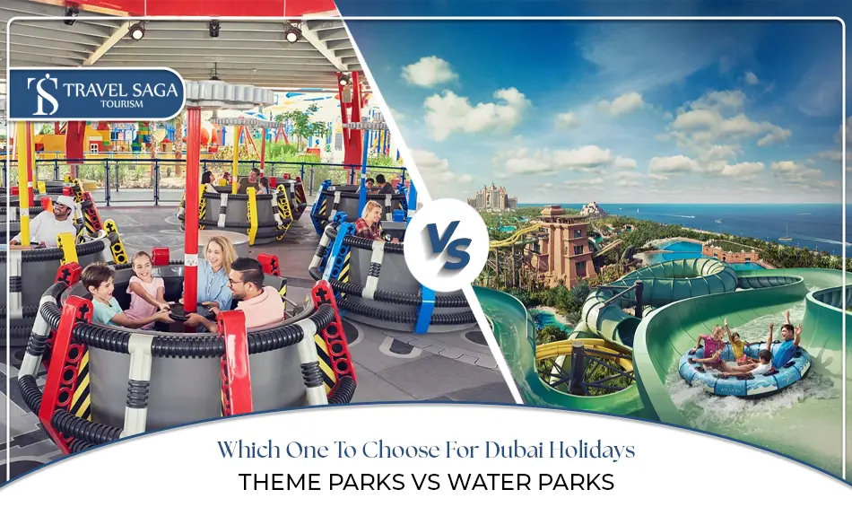 Theme parks vs water parks | Theme park attractions Blog Banner by Travel Saga Tourism