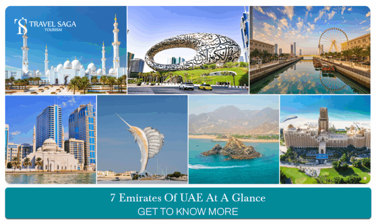 7 Emirates of UAE,  UAE emirates guide Blog Banner by Travel Saga Tourism