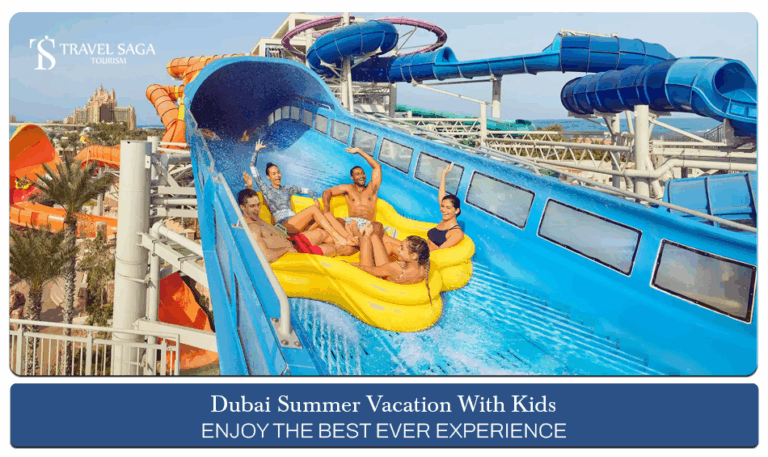Dubai summer vacation with kids, Dubai summer holiday kids Blog banner by Travel Saga Tourism