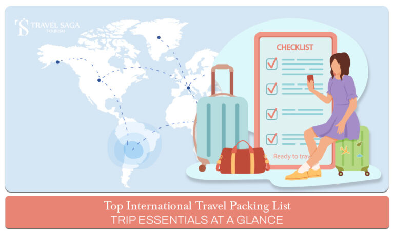 international travel packing list, travel packing tips for international trips, Blog Banner by Travel Saga Tourism