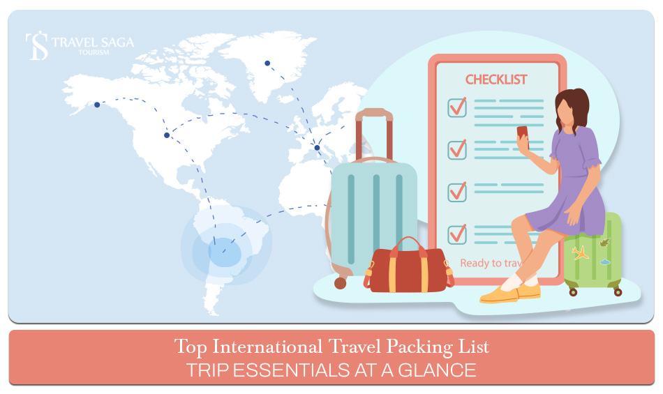 international travel packing list, travel packing tips for international trips, Blog Banner by Travel Saga Tourism
