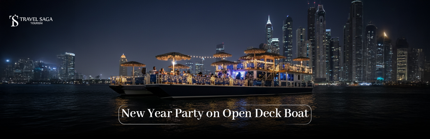 New Year Party on Open Deck Boat | new year boat party Dubai bt banner by travel saga tourism
