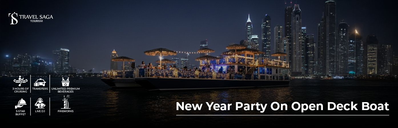 Dubai Open Deck Boat New Year Party 2027 with fireworks, live DJ and Dubai Marina skyline