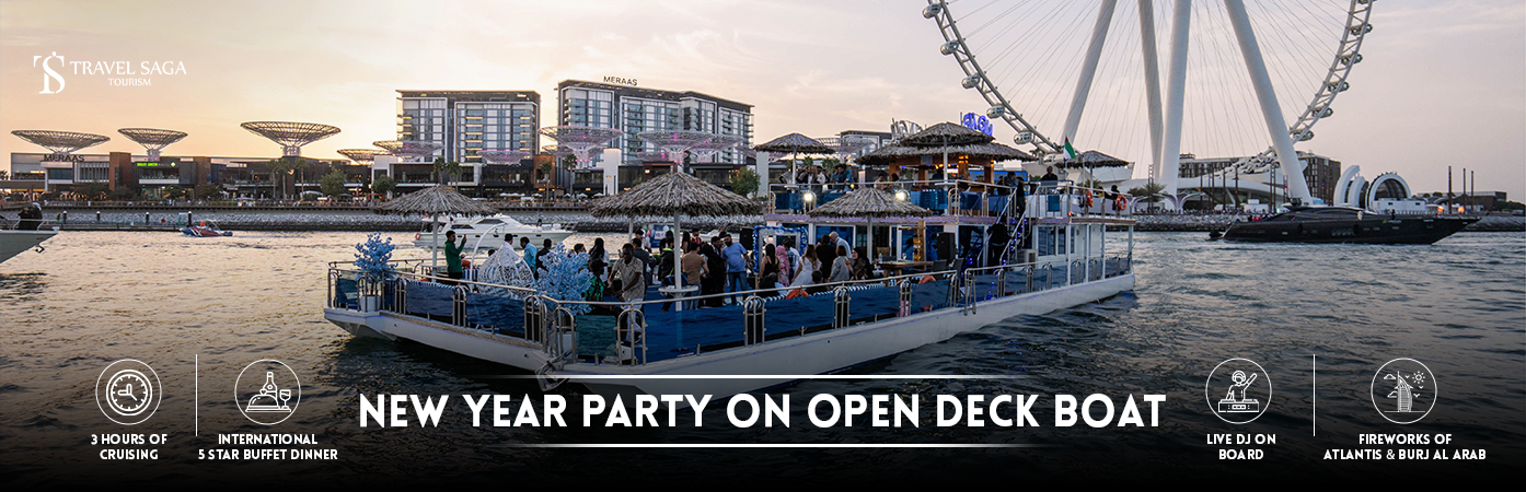 New Year Party on Open Deck Boat | new year boat party Dubai BT Banner by Travel Saga Tourism