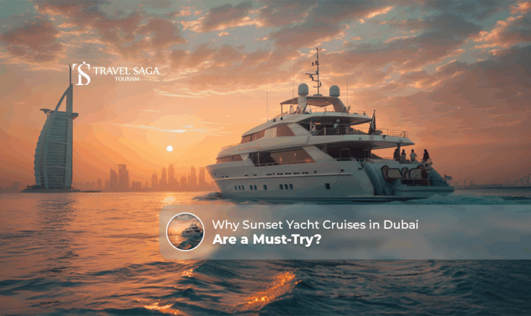Sunset yacht cruise in Dubai, Dubai sunset yacht experience Blog banner by Travel Saga Tourism