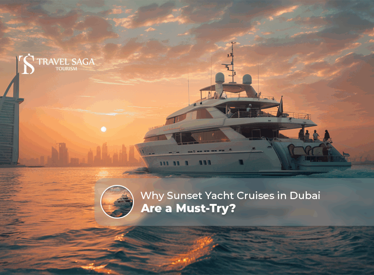Sunset yacht cruise in Dubai, Dubai sunset yacht experience Blog banner by Travel Saga Tourism