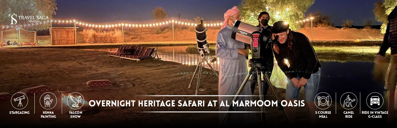 Overnight Heritage Safari at Al Marmoom Oasis | Overnight Heritage Safari with BBQ Dinner BT Banner by Travel Saga Tourism