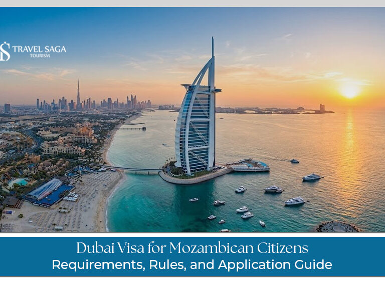 Dubai Visa for Mozambican Citizens Guide with UAE skyline and Burj Khalifa travel concept