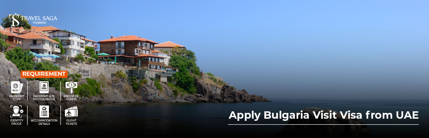 Apply Bulgaria visit visa from UAE with passport, visa documents, and beautiful Bulgaria travel destinations in the background.