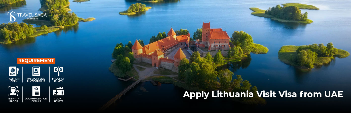 Apply Lithuania visit visa from UAE with passport, visa documents, and beautiful Lithuania city attractions in the background.