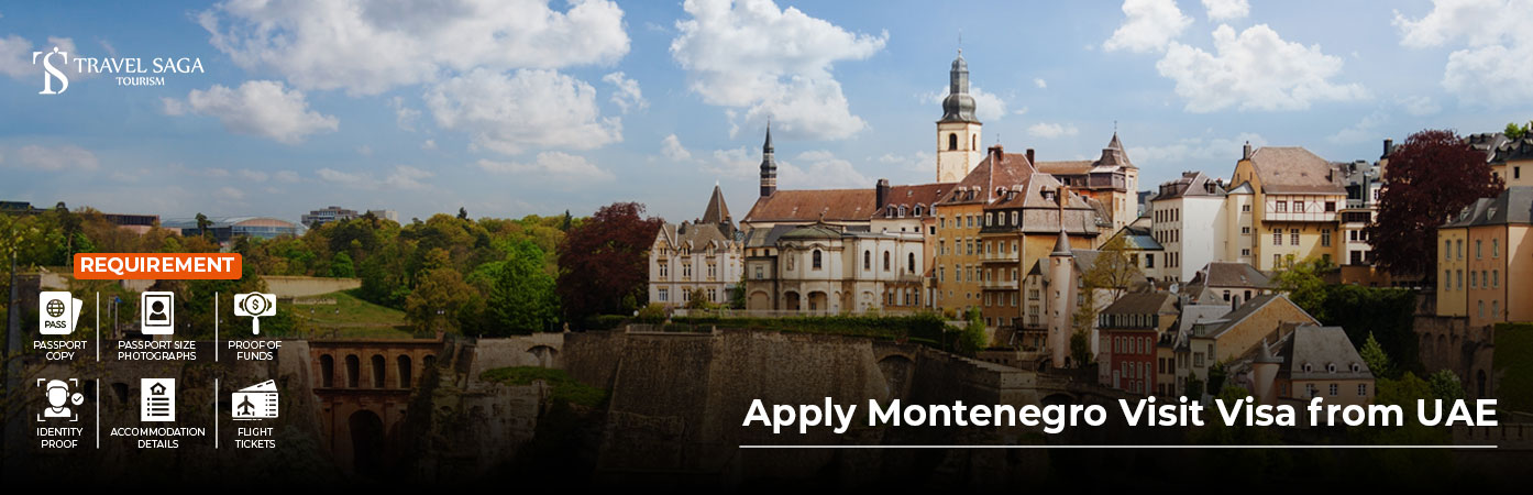 Apply Montenegro visit visa from UAE with passport, visa documents, and beautiful Montenegro coastal scenery.
