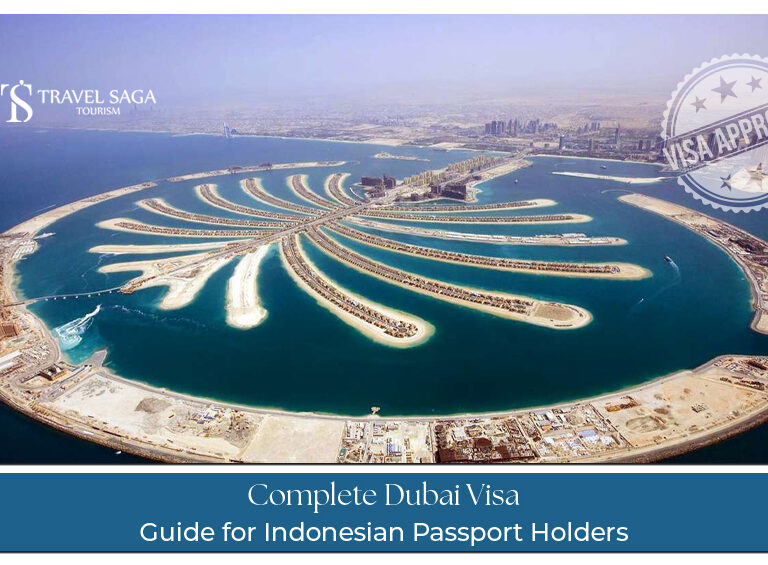 Dubai visa guide for Indonesian passport holders with UAE skyline, Burj Khalifa, passport, and travel documents representing easy Dubai travel process from Indonesia.