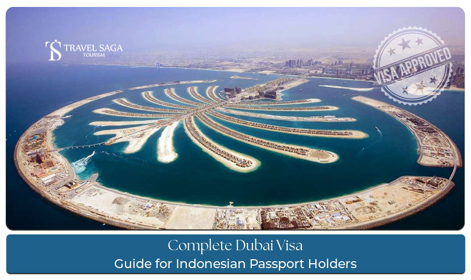 Dubai visa guide for Indonesian passport holders with UAE skyline, Burj Khalifa, passport, and travel documents representing easy Dubai travel process from Indonesia.