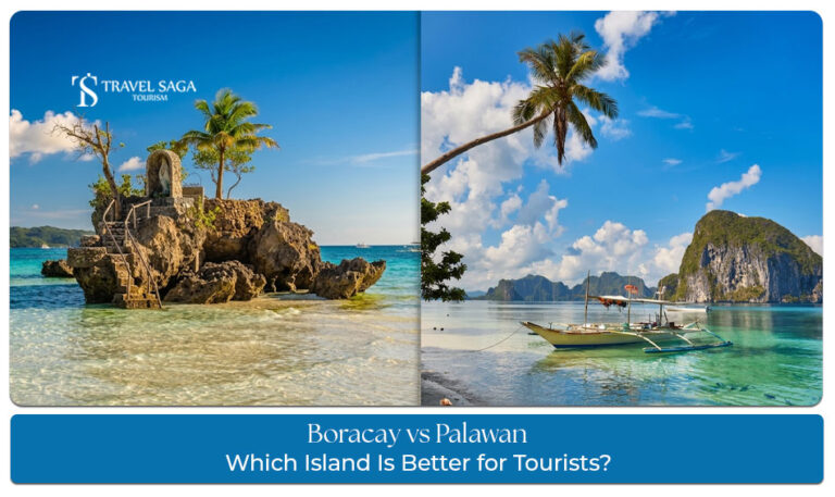 Boracay vs Palawan comparison showing pristine beaches, turquoise waters, island landscapes, and popular tourist attractions in the Philippines.