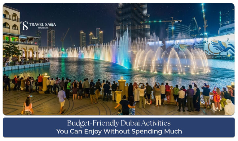 Visitors enjoying free attractions in Dubai, including waterfront views, public beaches, and iconic city landmarks on a budget.