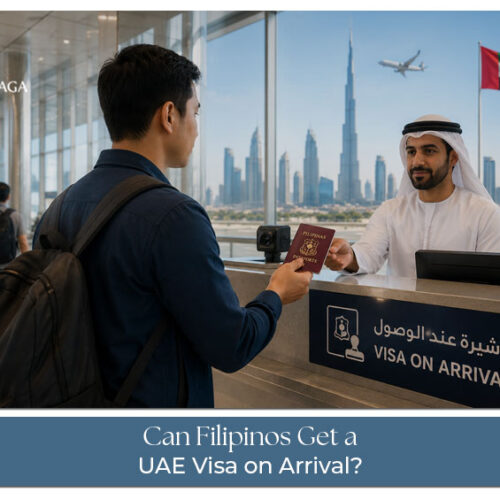 Filipino traveller arriving at a UAE airport with passport and immigration checkpoint