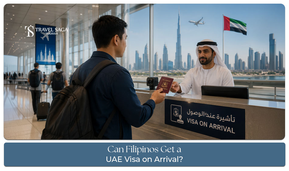 Filipino traveller arriving at a UAE airport with passport and immigration checkpoint
