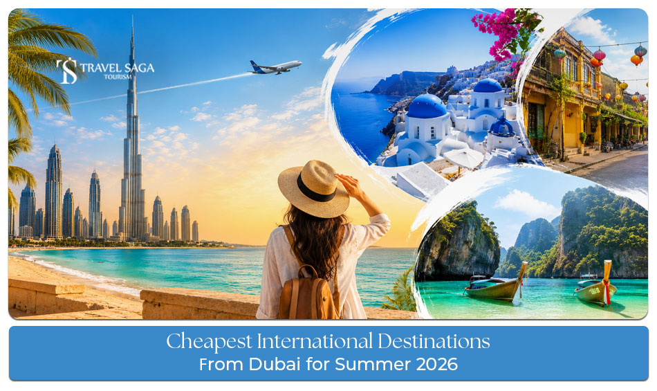 Popular international summer destinations from Dubai featuring beaches, mountains, and cultural attractions