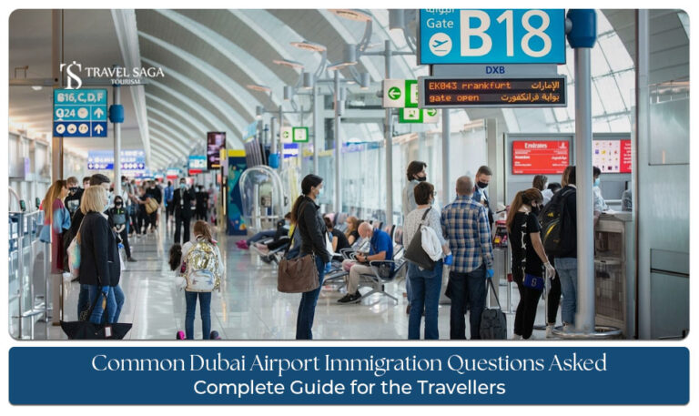 Dubai Airport immigration officer checking a traveller's passport and visa while asking routine entry questions at the immigration counter.
