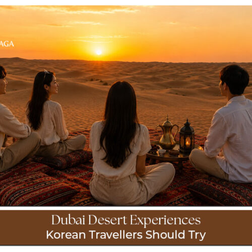 Korean travellers experiencing dune bashing, camel rides, and a luxury desert camp in Dubai