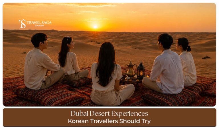 Korean travellers experiencing dune bashing, camel rides, and a luxury desert camp in Dubai