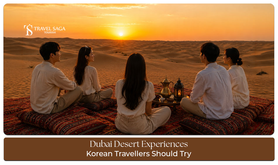 Korean travellers experiencing dune bashing, camel rides, and a luxury desert camp in Dubai