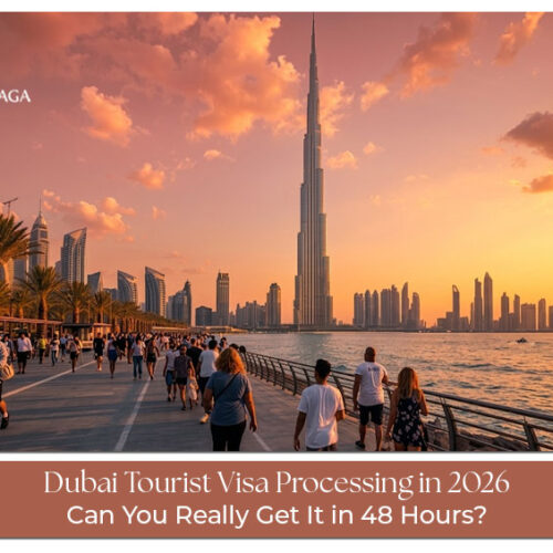 Dubai tourist visa processing in 2026 with passport and travel application documents