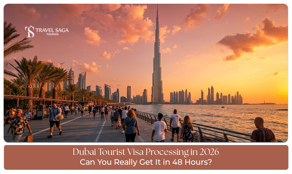 Dubai tourist visa processing in 2026 with passport and travel application documents