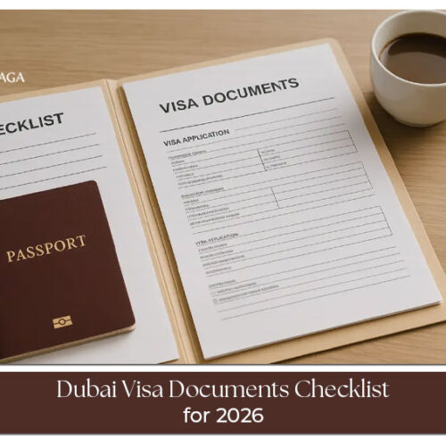 Dubai visa documents checklist for 2026 showing passport, visa application form, photographs, flight tickets, hotel bookings, and travel insurance for Indian travellers.