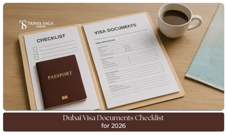 Dubai visa documents checklist for 2026 showing passport, visa application form, photographs, flight tickets, hotel bookings, and travel insurance for Indian travellers.