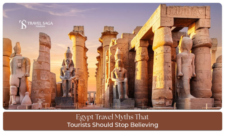 Tourists exploring Egypt's pyramids and ancient landmarks while learning common travel myths