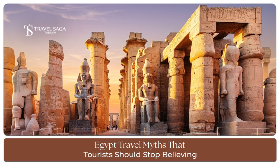 Tourists exploring Egypt's pyramids and ancient landmarks while learning common travel myths