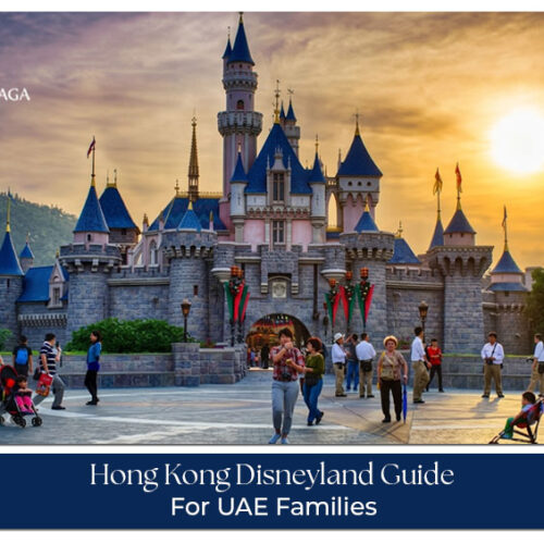 Family enjoying rides and attractions at Hong Kong Disneyland during a holiday from the UAE.