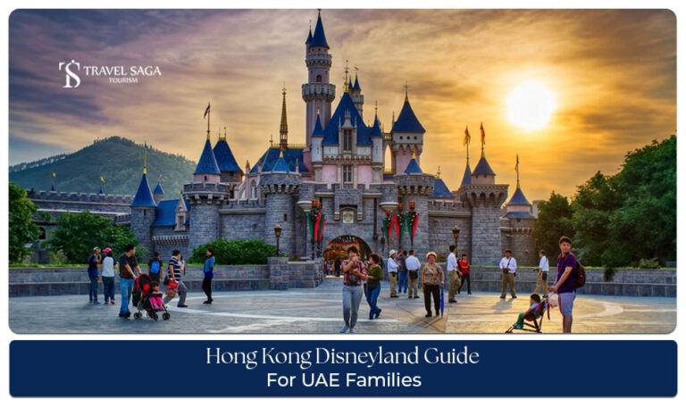 Family enjoying rides and attractions at Hong Kong Disneyland during a holiday from the UAE.