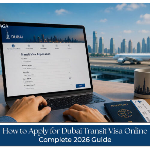Dubai transit visa application process with passport, boarding pass, and travel documents