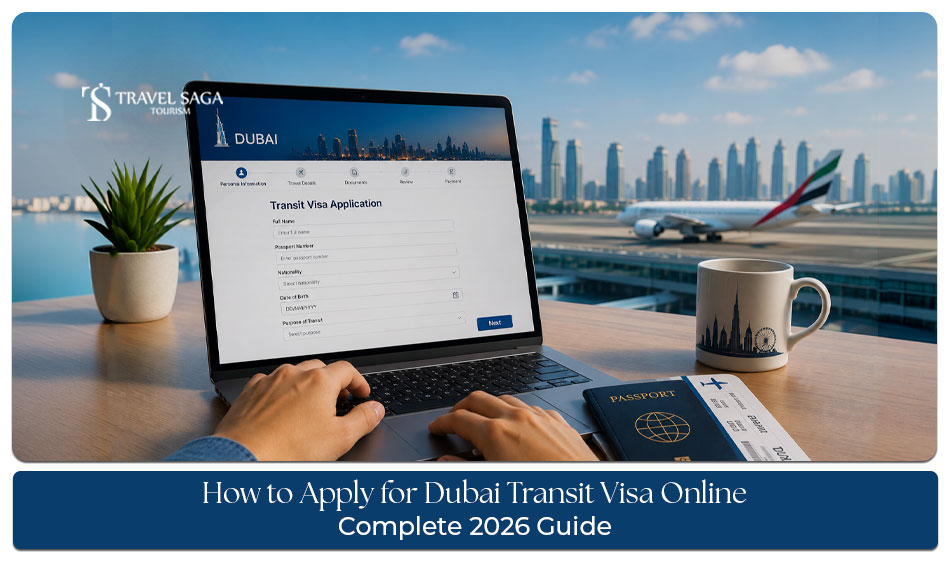 Dubai transit visa application process with passport, boarding pass, and travel documents
