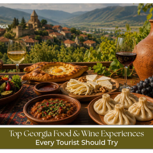 Traditional Georgian food and wine experiences featuring khachapuri, khinkali, vineyards, and wine tasting