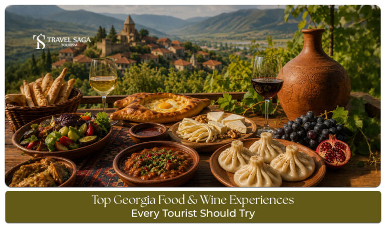 Traditional Georgian food and wine experiences featuring khachapuri, khinkali, vineyards, and wine tasting