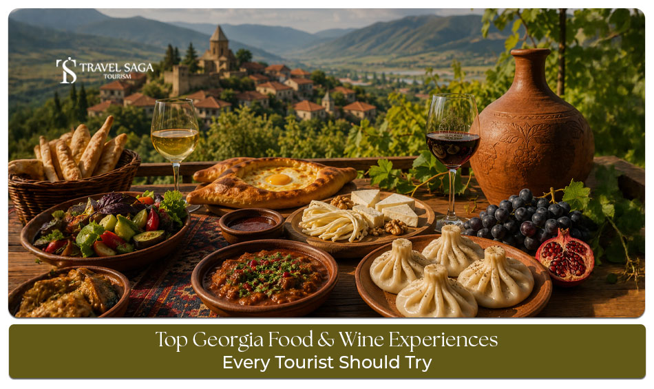 Traditional Georgian food and wine experiences featuring khachapuri, khinkali, vineyards, and wine tasting