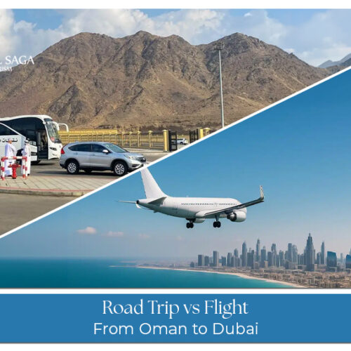 Comparison of a road trip and flight from Oman to Dubai with highways, border crossing, and air travel